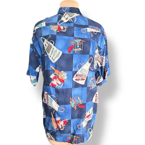 Vintage Campia Moda BBQ Shirt XL Blue Checked Grill Apron Print Rayon Boxy Camp - Picture 4 of 9